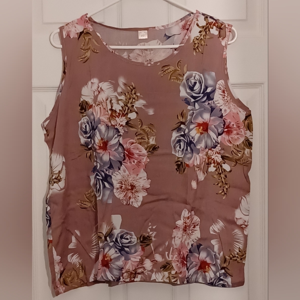Floral Sleeveless Pajama Top - Mauve and Blue